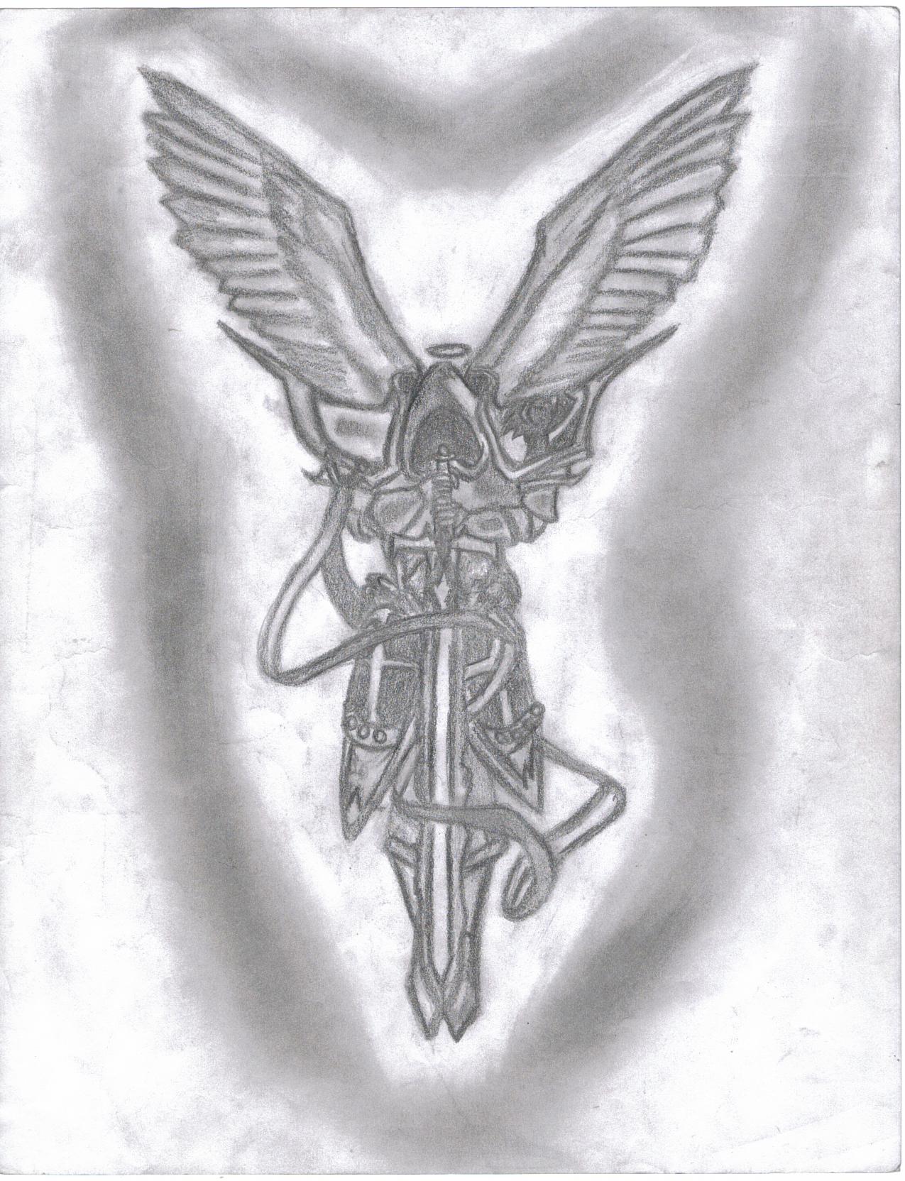 Тату Архангел с мечом и крыльями